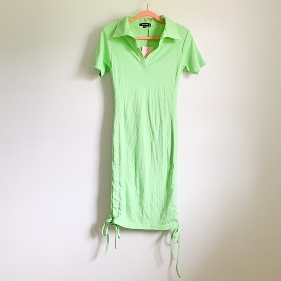 Missguided Rib V Neck Collar Detail Mini Dress Neon Green 2 - Picture 1 of 7